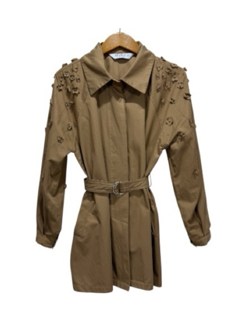 Tan Belted Trench Coat with Embellished Shoulders